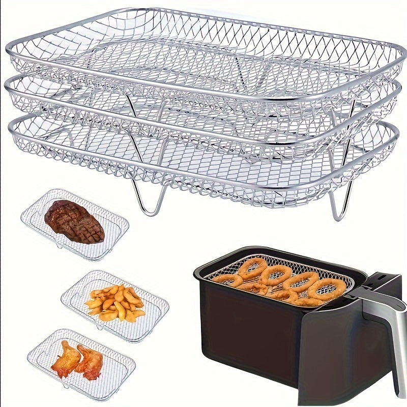 Set of 8 Stainless Steel BBQ Grill Tools with 3-Layer Air Fryer Rack, Double-Layer Skewer Stand, Meat & Vegetable Holder, and DIY Omelet Maker - Comes with Oil Brush