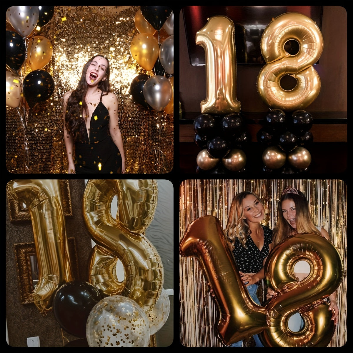 Black and gold balloon decorations for 18th birthday party with Happy Birthday banner and balloon garland.