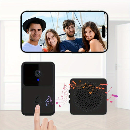 Smart WiFi doorbell with HD camera, two-way audio, night vision, motion detection, and black finish.