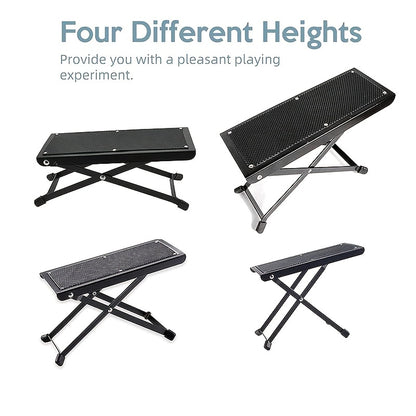 Guitar foot pedal and foot stool with 4 adjustable heights, durable metal construction, non-slip design. Ideal for musicians playing instruments or guitar at home or elsewhere.