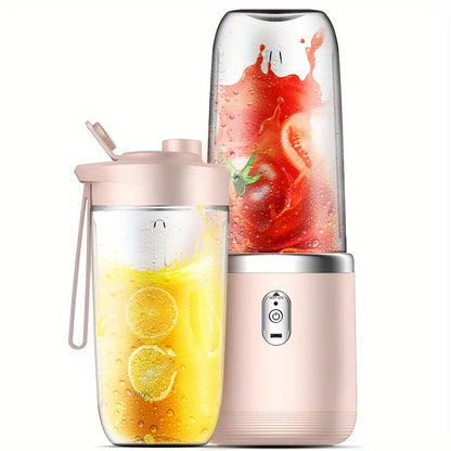 Portable cordless juicer with 2 cups, USB rechargeable, six-blade design for fast juicing, ideal for home, kitchen, and travel.