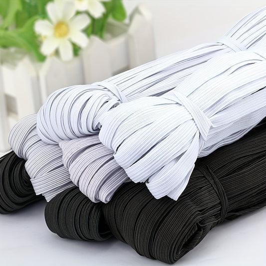 5 yards of premium white and black elastic bands in versatile sizes 3-12mm for DIY sewing, crafts, hair accessories, and wedding garments. Made of durable polyester stretch tape.