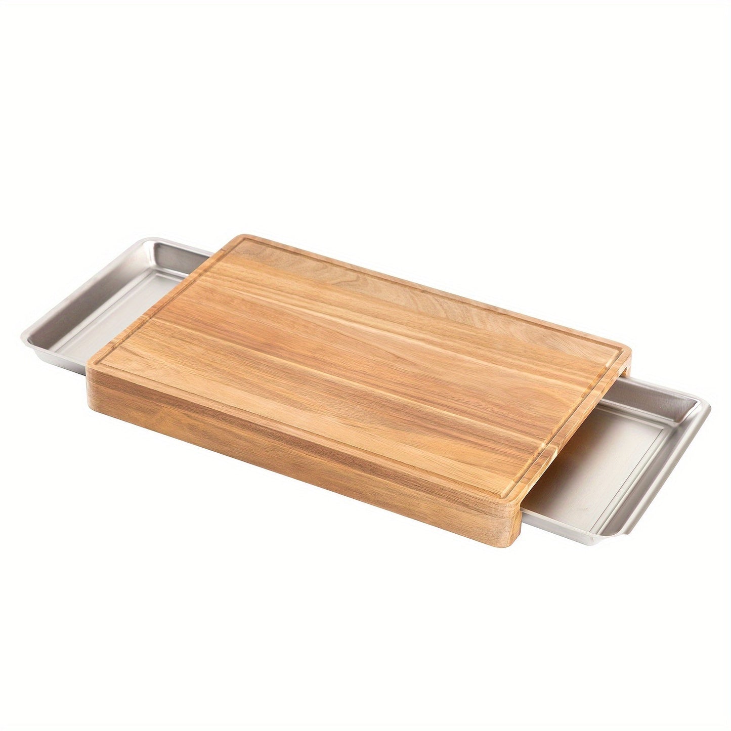 Large bamboo cutting board with integrated trays for easy food transfer, space-saving design, and non-slip surface. Features pull-out drawers for added functionality. Ideal for all your chopping and food preparation needs.