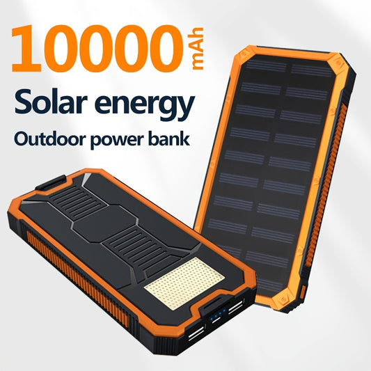 The SolarPower 10000mAh Power Bank is a portable device that features a dual USB charger, LED light, and microusb connector. It is compatible with various devices, operates at a voltage of