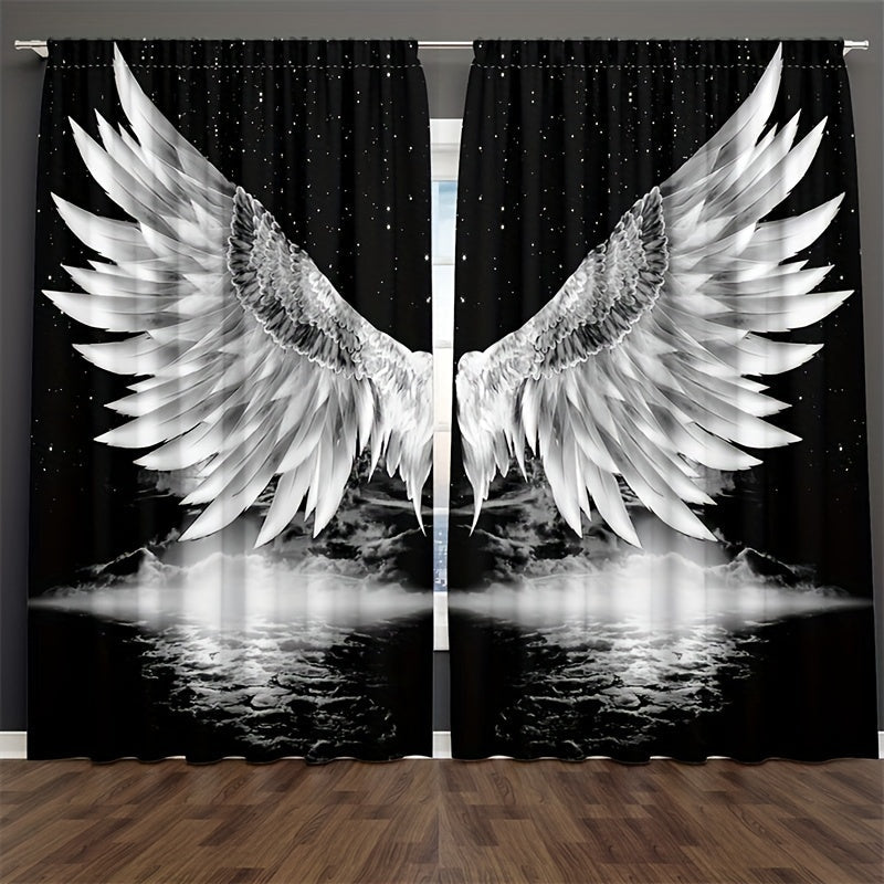 Black art window curtains featuring angel wings and stars, perfect for adding a touch of celestial charm to any room in your home or office. Enhance the decor of your bedroom, living room, or workspace with these stylish and elegant drapes.