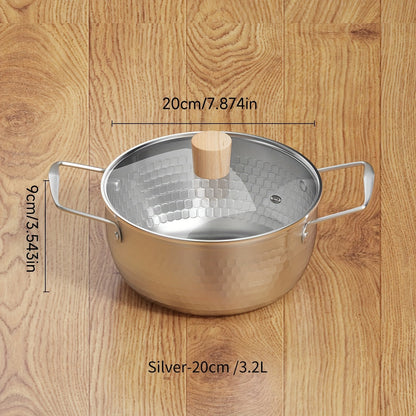 A stainless steel soup pot with two handles for home use, perfect for cooking instant noodles and boiling milk on a gas stove, in a shiny silver color.