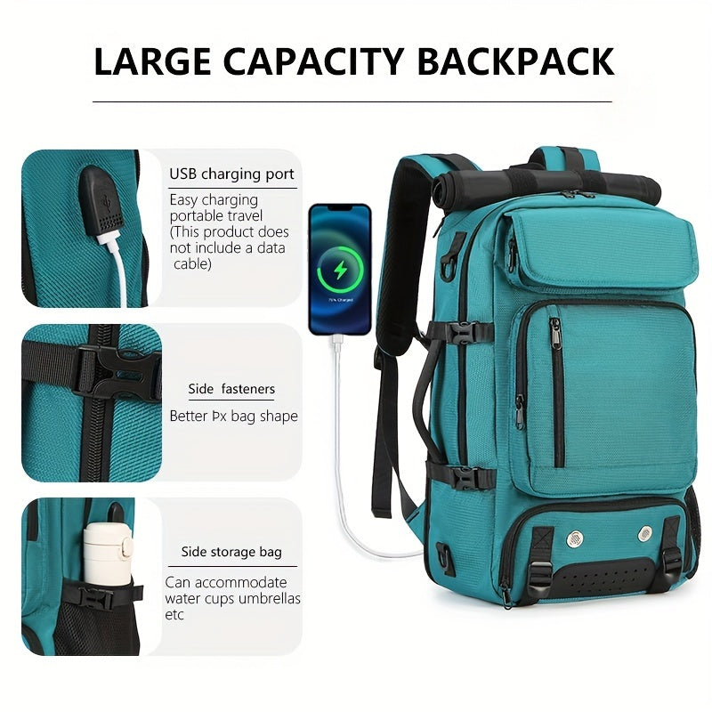 Durable black backpack for hiking and camping with large waterproof capacity, shoe compartment, and adjustable straps. Made from polyester.