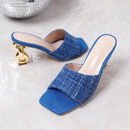 Women's high heeled mule summer shoes with fashion 8-shaped block heels, square open toe slip on party shoes.