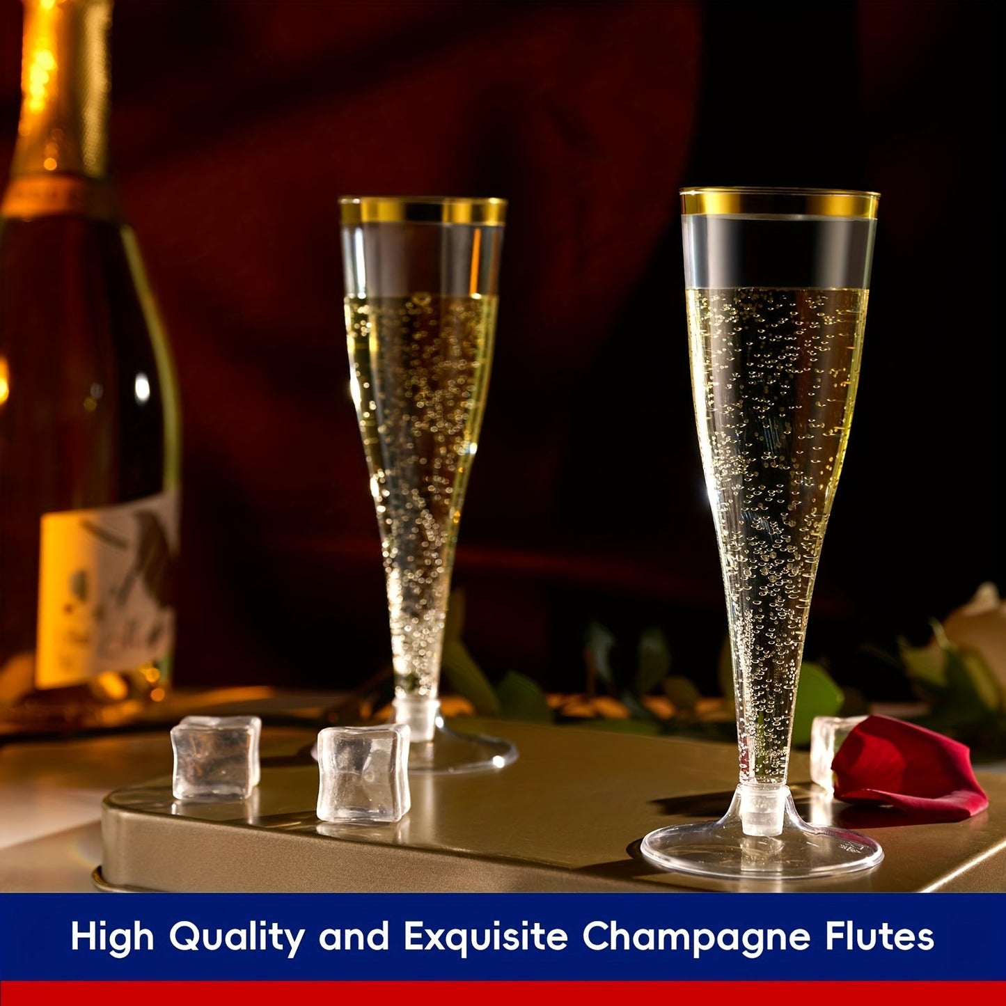 20-Pack of elegant plastic champagne flutes with golden rims, each holding 4.5oz of liquid. These recyclable and reusable toasting glasses are perfect for weddings, birthdays, and bridal showers. Versatile and convenient, these premium disposable