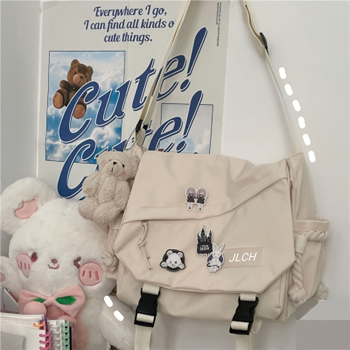 Adjustable unisex shoulder bag in white, pink, blue, or black, suitable for school, travel, and everyday use with a stylish and functional design.