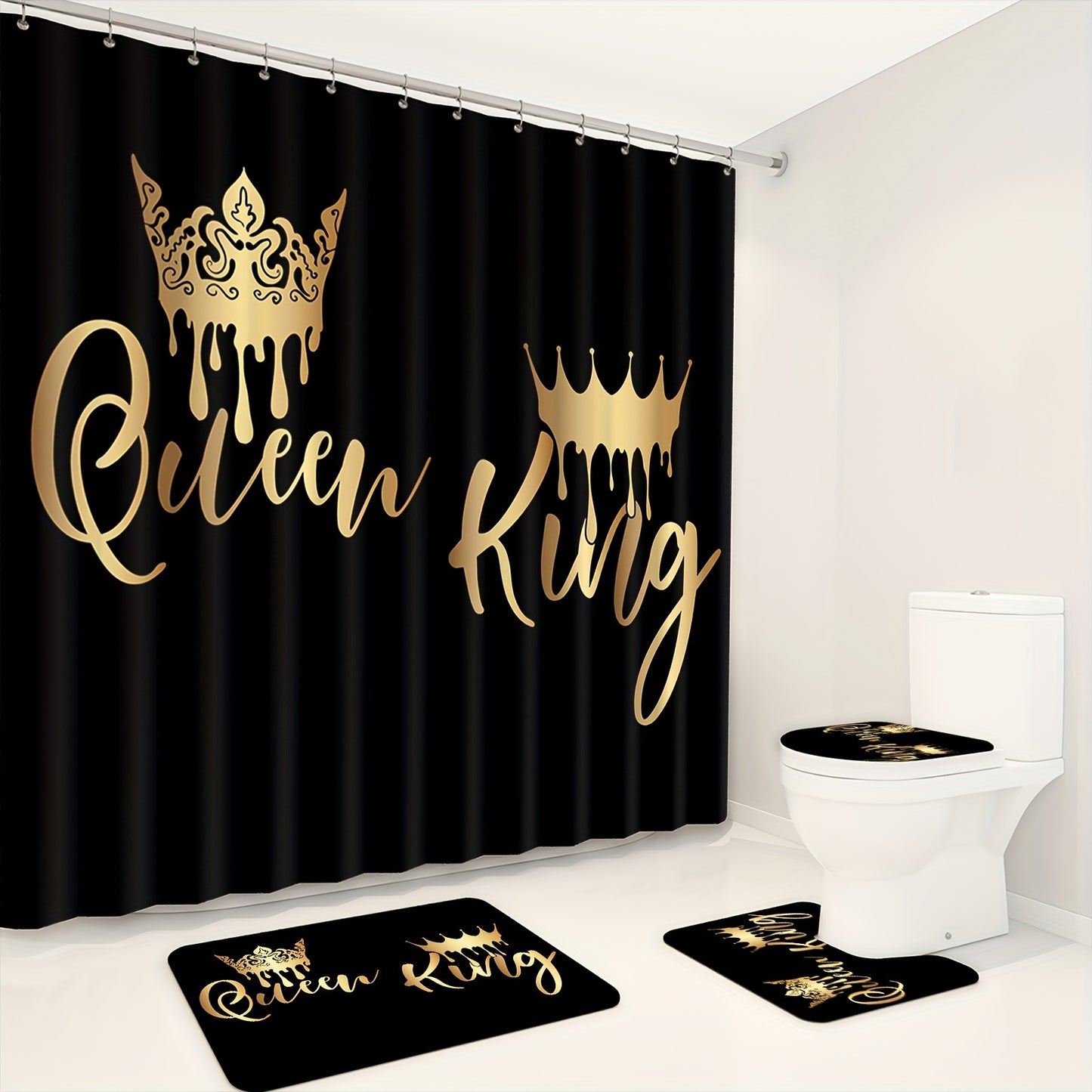 1pc/4pcs King and Queen Polyester Waterproof Insulation Bathroom Shower Curtain + 12 Hooks, Non-slip Mat, U-shaped Floor Mat, Round Toilet Seat Mat Set for All Scenes