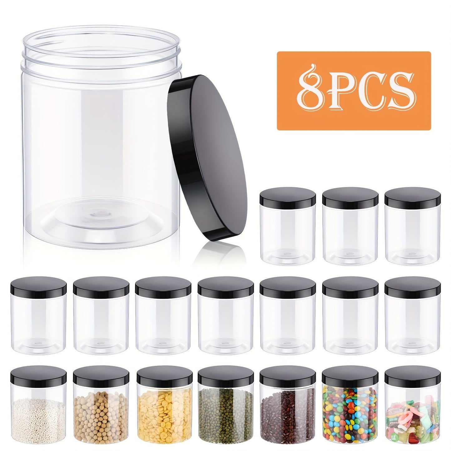 16oz Transparent PET Plastic BPA-Free Large Reusable Jar with Black Frosted Lid, Perfect for Family and Kitchen Food Storage and Organization. Available in packs of 6 or 8 pieces.