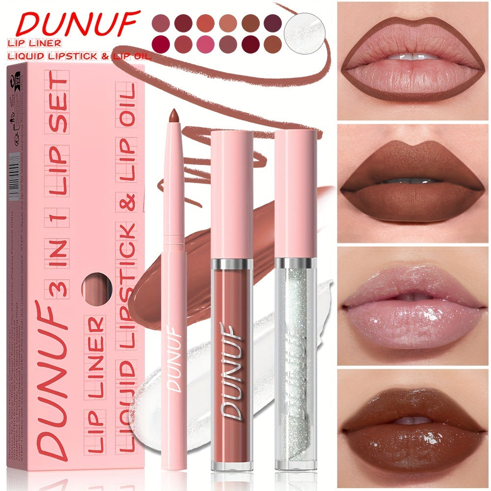 DUNUF 3-in-1 Lip Set includes velvet matte lip gloss, lip liner pencil, and lip oil, suitable for all skin types and waterproof.