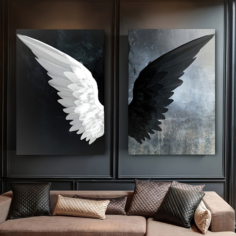 Set of two modern black and white angel wings canvas prints for living room, bedroom, office, or hallway decor. Frames not included.