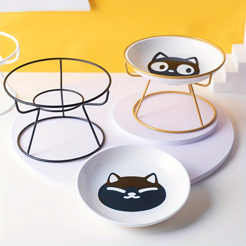 Pack of 2 includes 1pc Shelf + 1pc Bowl Ceramic Cat High Table Bowl with Cartoon Pattern. Health-conscious design suitable for pet feeding at home.