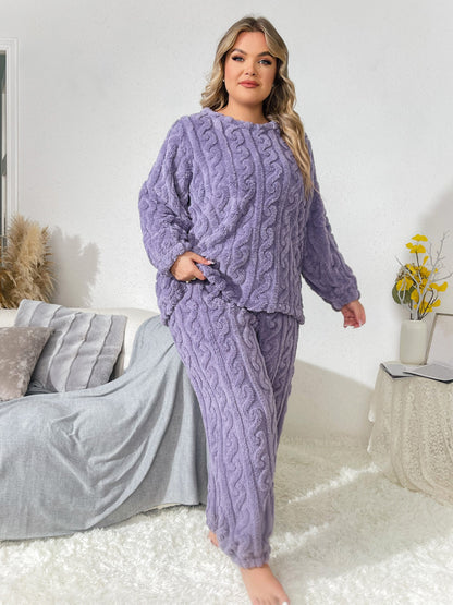 Women's Plus Size Twist Pattern Pajama Set with Flannel Top & Joggers for Fall & Winter