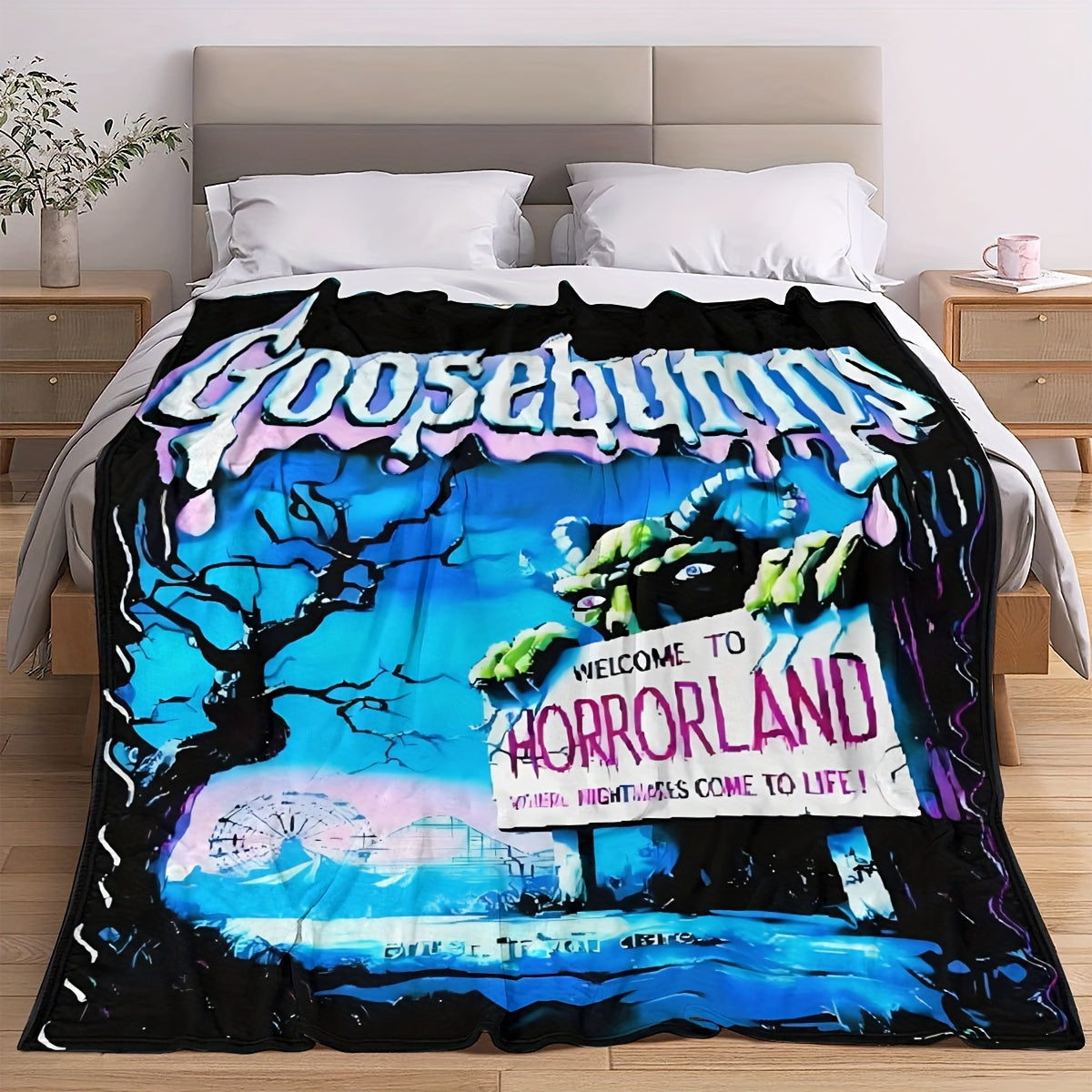 Flannel Throw Blanket with Goosebumps Horrorland Theme, Modern Digital Print Fleece Blanket, Easy to Clean in Washing Machine, Versatile All-Season Knitted Cover, Movie-Inspired Decorative Bedding, Perfect as a Gift Blanket