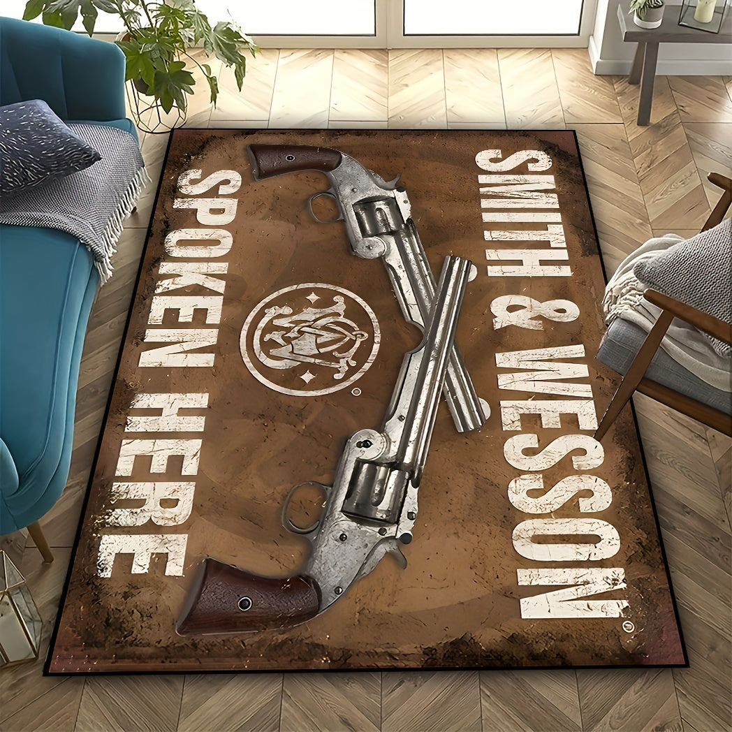 Soft and cozy 1pc Pistol Pattern Area Carpet with non-slip backing. This dirt resistant and machine washable carpet is perfect for both indoor and outdoor use as an entrance door mat or bedroom carpet. Featuring a military theme with denim revolver