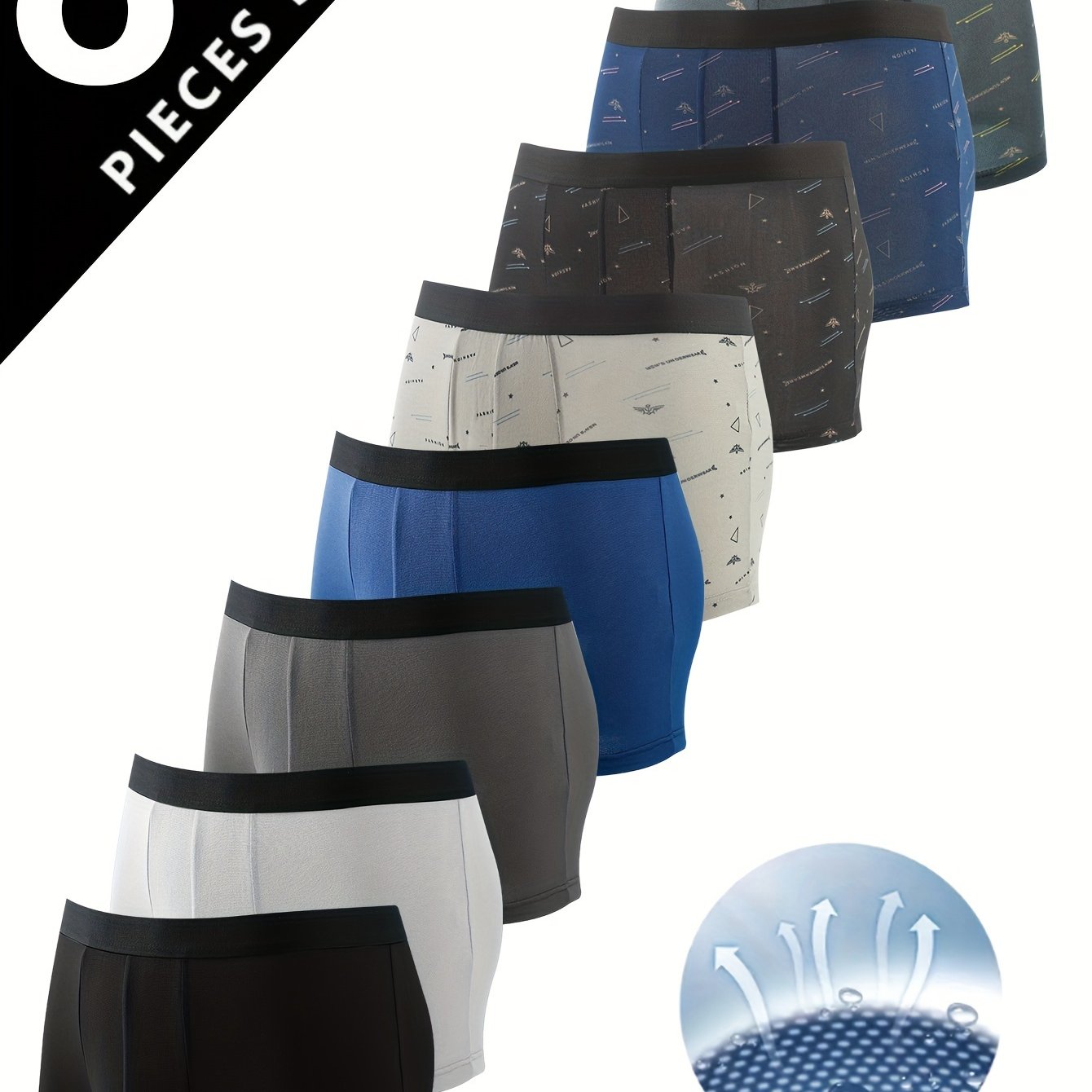 Set of 8 Men's Boxer Briefs made from breathable polyester and spandex blend with stylish prints. Machine washable and non-transparent.