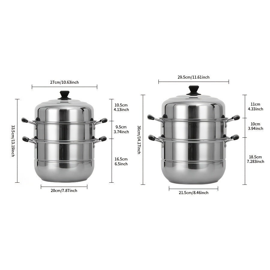 The Stainless Steel 3-Tier Steamer Set features 4 pieces and a versatile double boiler design with a thick durable construction for even heat distribution. It includes a soup pot, steaming tray, steamer insert, and lid, perfect for cooking dumplings