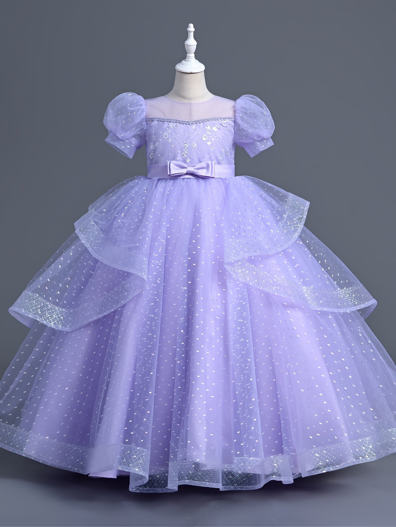 Polyester ball gown dress for girls, featuring a solid color tent silhouette with contrast mesh, crew neck, lantern short sleeves, non-stretch fabric, includes belt. Perfect for all-season