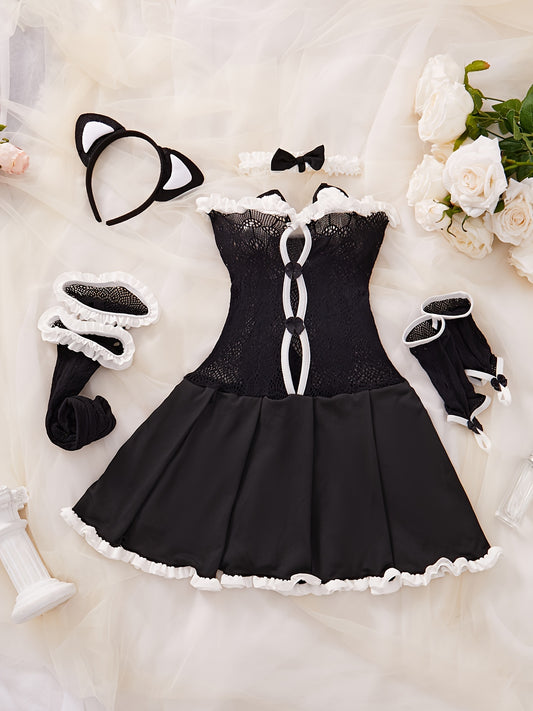 Naughty Cat Cosplay Costume Set: Dress, Gloves, Stockings, Headband. Women's Sexy Lingerie.