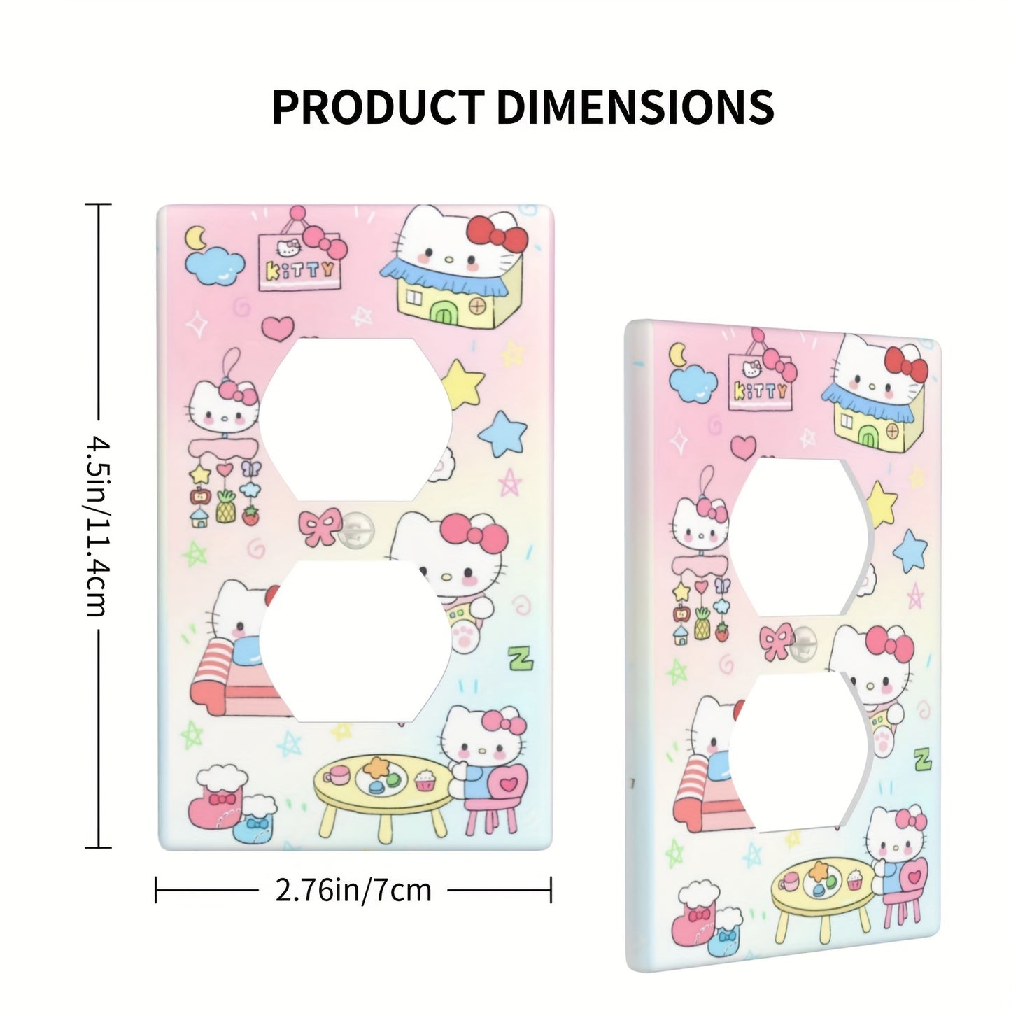 Hello Kitty cartoon dual socket cover, easy to install without wiring, heat-resistant and fade-proof. Decorative wall plate with smooth edges for home improvement. Includes painted screw.