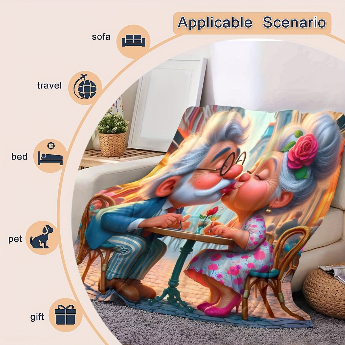 Stay warm and cozy with the 1pc CozyCuddle Soft Flannel Fleece Throw Blanket featuring a charming Grandpa and Grandma Print. This high-definition digital print blanket is perfect for adding a touch of warmth and style to your living room, sofa, or