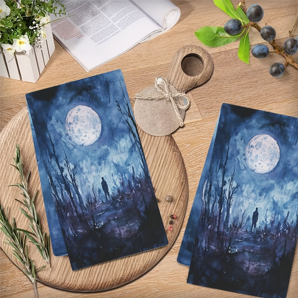 Set of 2 Ultra Soft Kitchen Towels featuring a Supernatural Night Theme with Full Moon & Shadowy Figure. These highly absorbent Polyester Dish Hand Towels are machine washable and measure 40.64x60.96 cm. Perfect for Holiday Decor and everyday use in the