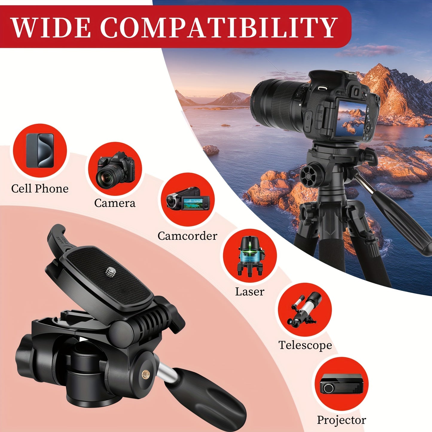 Lightweight digital SLR tripod camera stand with detachable gimbal and reinforced aluminum alloy construction, ideal for live streaming.