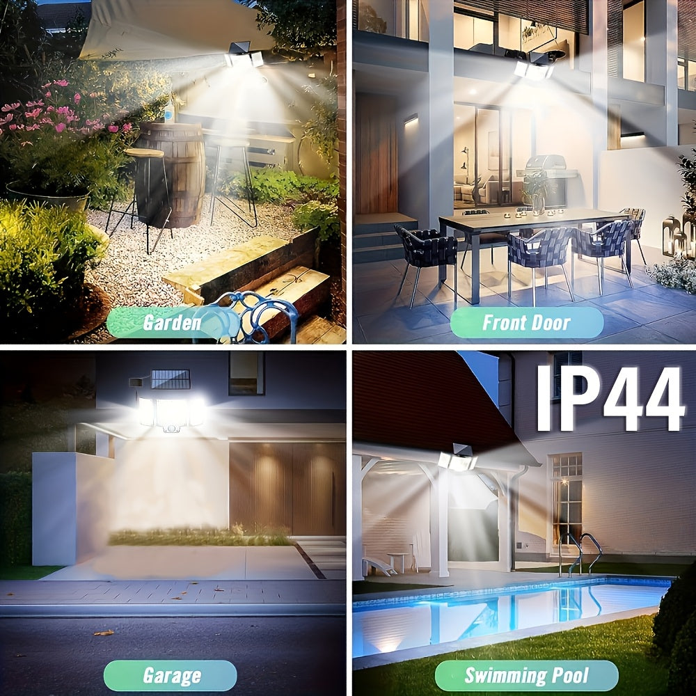 Solar lights with motion sensor and remote control, 3 modes, 3-head solar floodlight for yard, garage, porch.