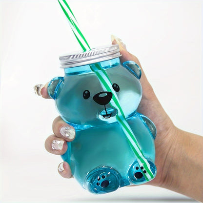 Cute bear cartoon straw cup made of durable plastic, ideal for kitchen and dining.