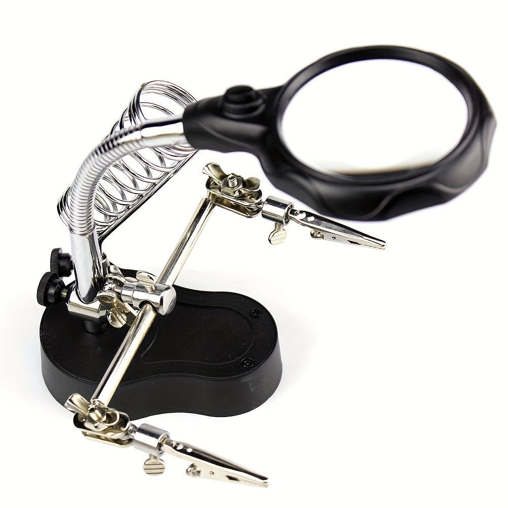 Magnifying glass stand with LED lights, helping hand magnifier for soldering work including auxiliary clamp and clips.