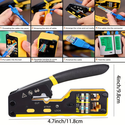 Ratcheting tool for modular data cables cutting and stripping RJ11/RJ12 and RJ45 connectors.