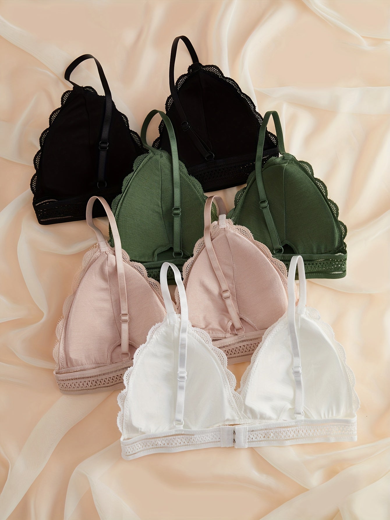 4 contrast lace wireless bras with comfy scallop trim, perfect for women's lingerie and underwear.