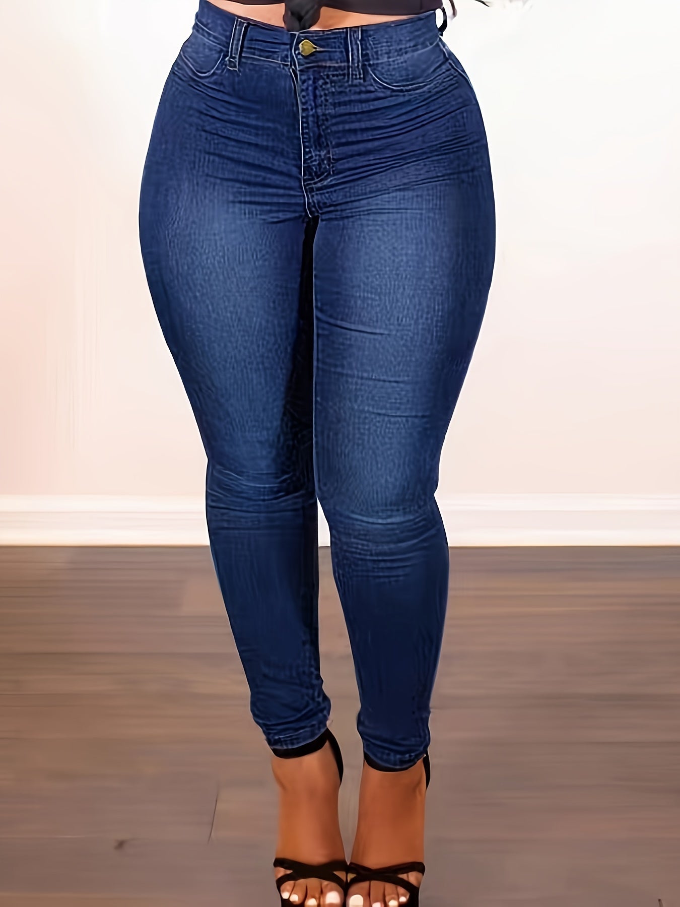 Cute Plus Size Denim Jeans, High-Waist, Solid Blue, Comfortable Fit, Casual Wear, Button Closure, Slant Pockets|Sleek & Smooth Texture.