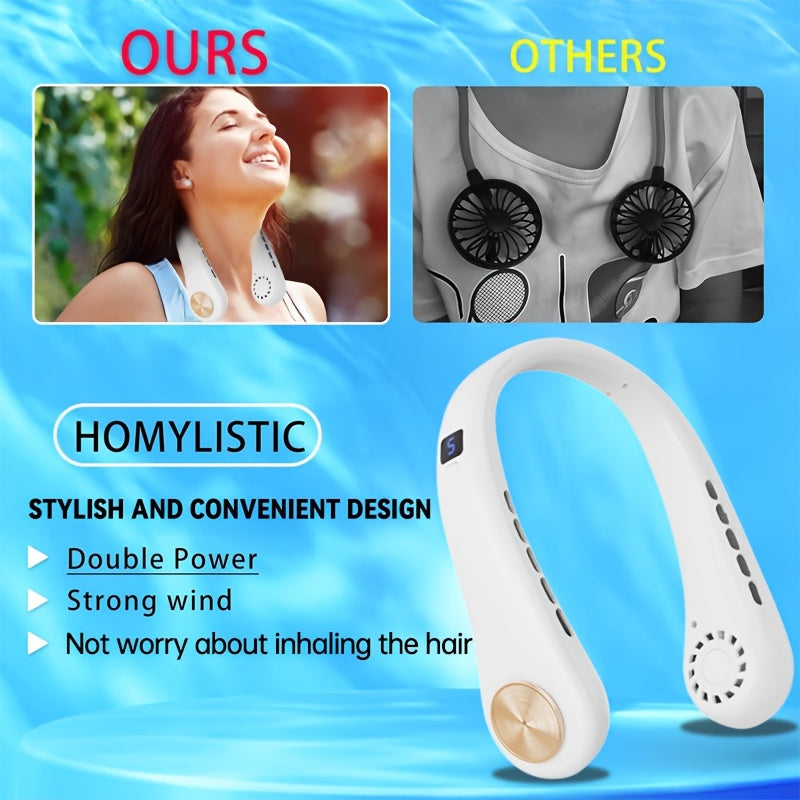 Sleek White & Golden Portable USB Rechargeable Neck Fan with Digital Display - 5-Speed Adjustable, Silicone Size-Expandable, Perfect for Outdoor Sports, Travel, School, and Enhanced Comfort - Portable Fan