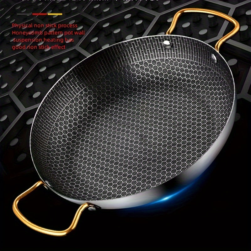 Stainless Steel Wok Pan with Honeycomb Coating, Non-Stick Chef's Pan with Golden Handles, Suitable for Gas Stovetops, No Electricity Required