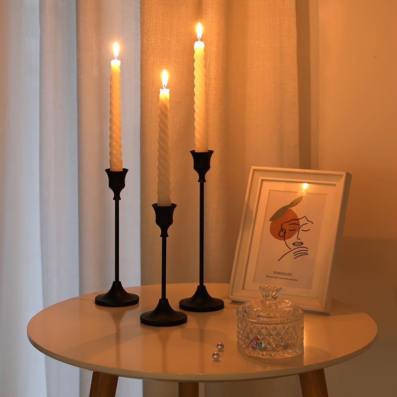 Set of 3 elegant metal candle holders, perfect for special occasions and home decor. Ideal for parties and events. Candles not included.