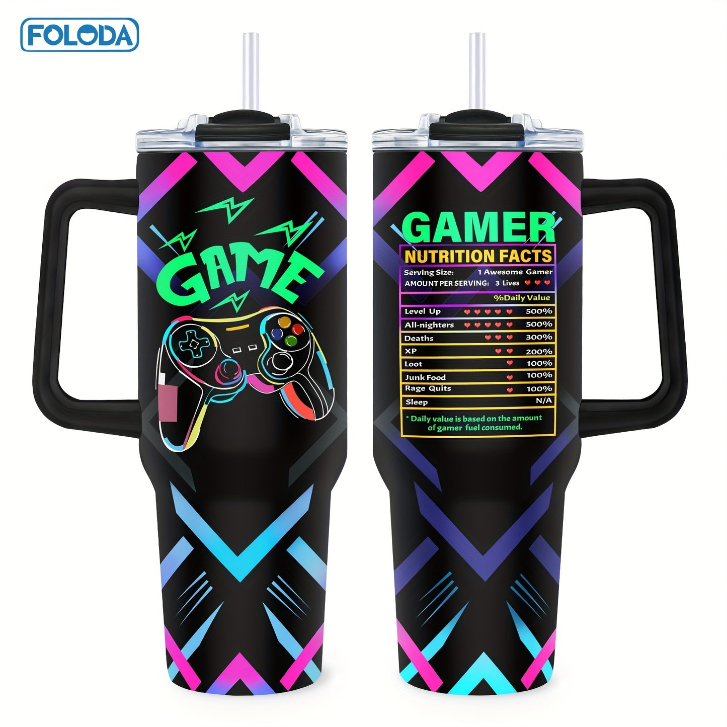 Foloda 40oz Gaming Mug Tumbler with Handle Lid Straw, Perfect Gift for Gamers, Stainless Steel Cup for Outdoor Travel - Ideal for Birthdays and Christmas.