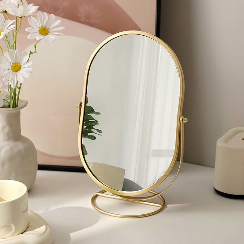 360° rotatable freestanding makeup mirror with iron frame, high-definition surface, perfect for bedroom or vanity table.