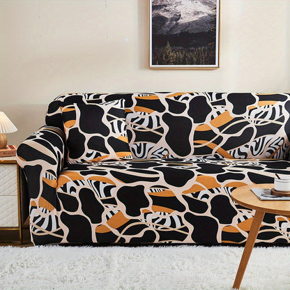 Modern printed sofa slipcover with elastic closure, made of 95% polyester and 5% spandex. Machine washable with active printing and stitched craftsmanship. Fits armchairs to sectional sofas, weighing 100-120gsm fabric.