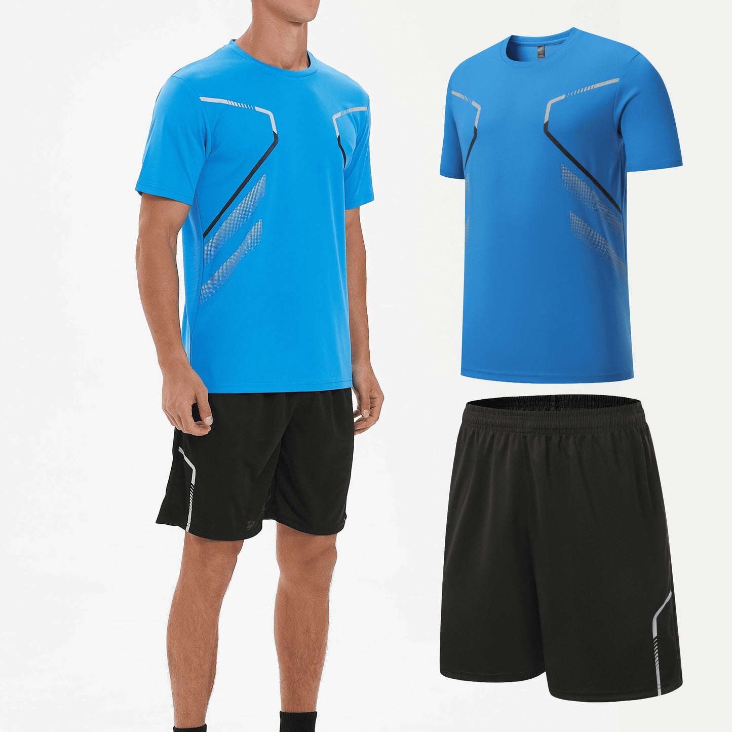 Men's summer running sportswear set includes quick-dry crew neck t-shirt and shorts for hiking, training, and weekend activities.