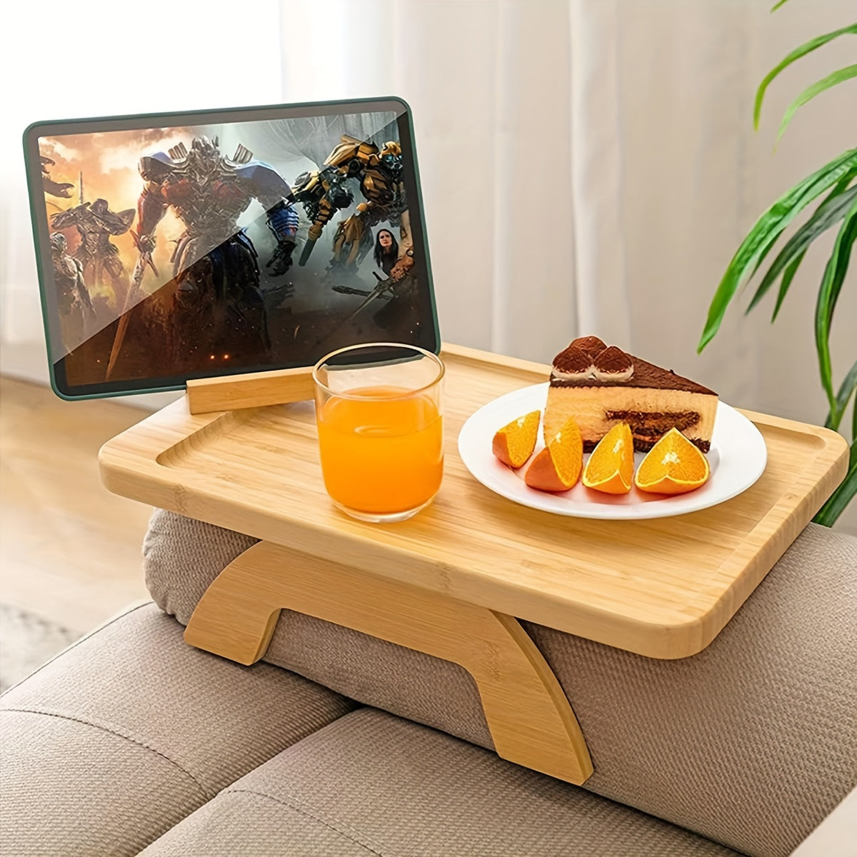 Armrest tray for sofa, adjustable with phone holder, perfect for eating, snacking, and controlling electronics