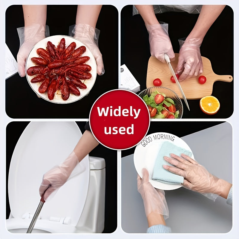 100 pieces of versatile disposable gloves made from thick, transparent TPE material ideal for use in the kitchen, baking, cleaning, and more. These gloves are lead-free and waterproof, making them essential for household tasks.