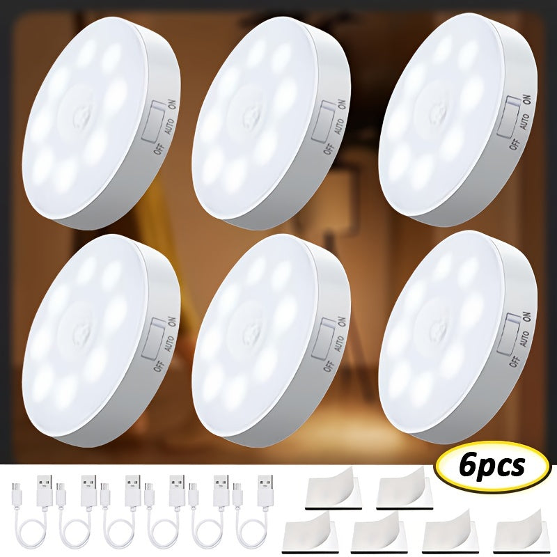 AMill 6-Pack LED Step Lights with Dual Smart Sensor - Motion and Light Activated, Polished Plastic Sconce with PVC Shade, Rechargeable 250mAh Lithium Battery, Wireless, Semi-Flush Mount, Indoor Night Light for Stairs, Bedroom, Cabinet.