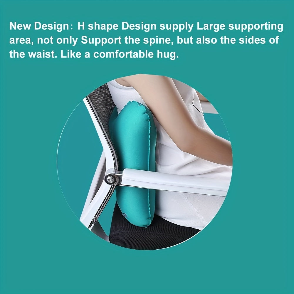 Inflatable travel waist pillow for lumbar back support during long journeys by air, car, bus, train, or in office or home.