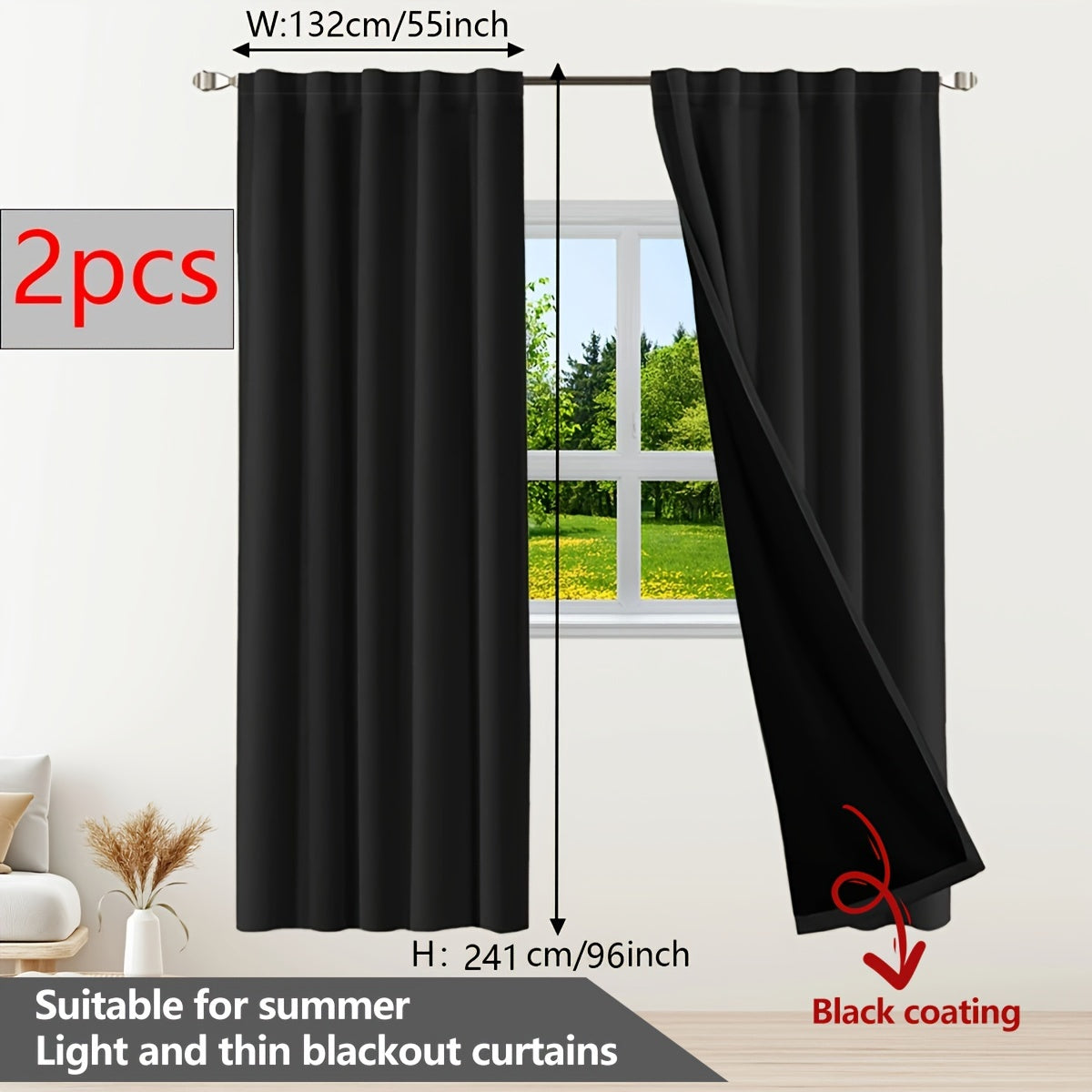 Two pieces of contemporary blackout curtains made from thermal insulated twill weave polyester. They are designed to reduce noise and block out light, making them perfect for the living room, bedroom, or study. These curtains feature a hook and ring rod