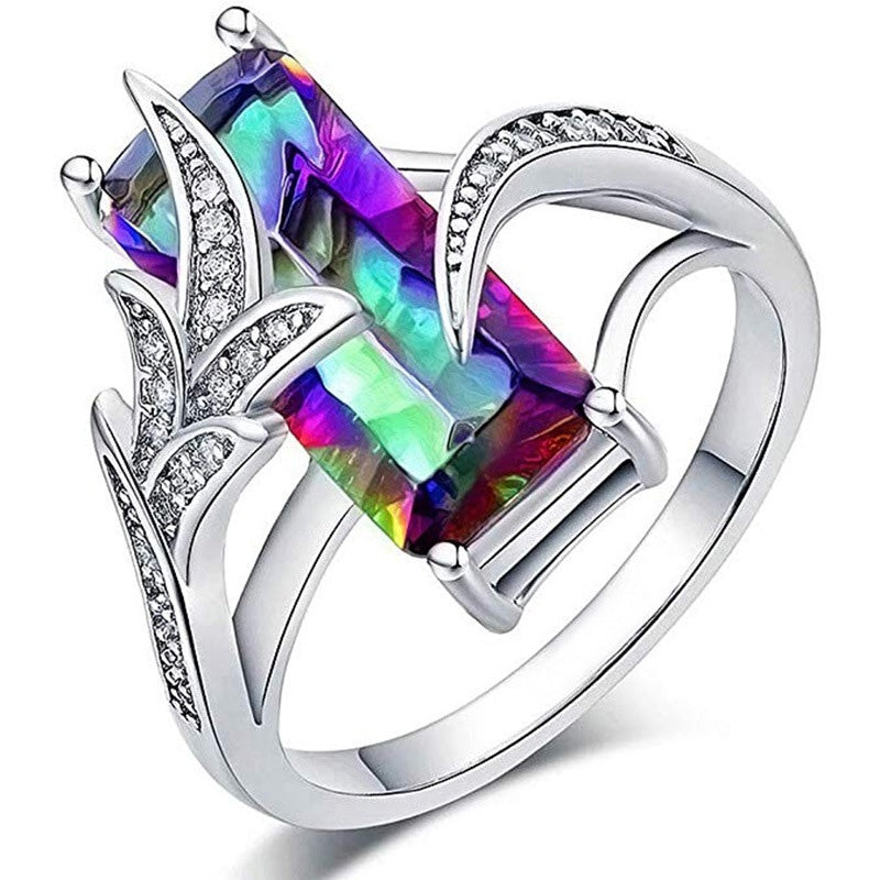 Women's banquet party jewelry gift - Square Rainbow Topaz Ring plated with 925 Silver