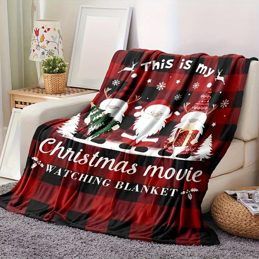 Christmas Flannel Blanket featuring Santa and Reindeer Print, Ideal for Sofa, Bed, Office, Camping, and Travel - Machine Washable, Durable, Versatile Gift Blanket.